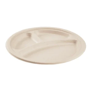 10" round natural bagasse heavy weight plate 3 comp 500/case