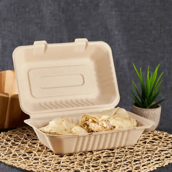 ke bhc96n 1cff 9” x 6” pfas free bagasse compostable hinge togo container, natural, 1 compartment 200/case