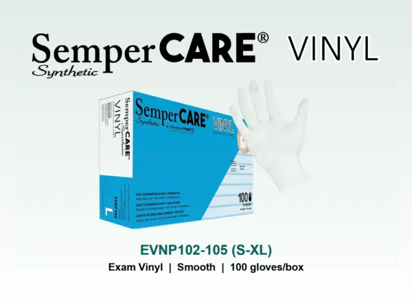 sempercare synthetic vinyl, powder free, exam grade 100 gloves/box, 10 boxes/case