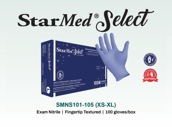 starmed select, powder free nitrile, exam grade, textured 100 gloves/box, 10 boxes/case