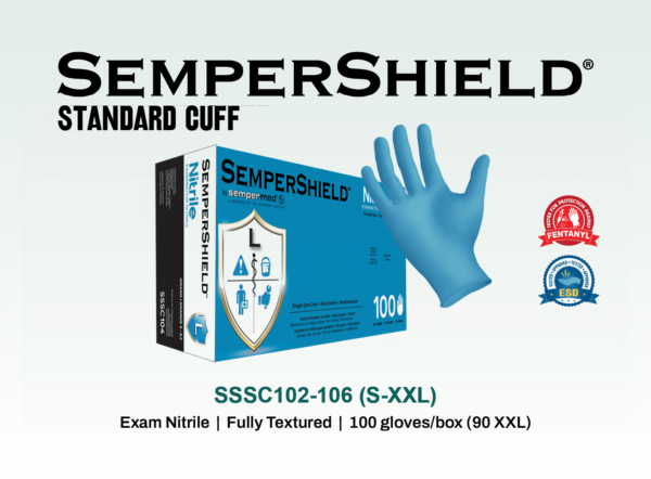 sempershield standard cuff nitrile, powder free, exam grade 100 gloves/box (90 xxl), 10 boxes/case